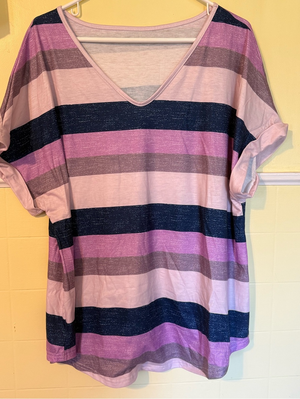 SHEIN Striped V-Neck Short Sleeve Tee in Pink, Purple & Navy